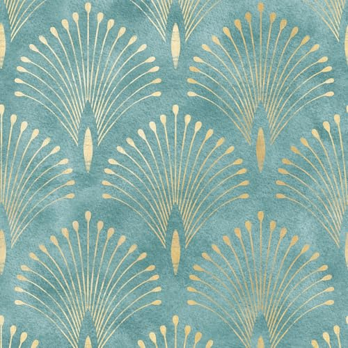 Livelynine Papier peint autocollant motif paon 44,5 x 701 cm - Motif paon - Style vintage - Motif géométrique - Bleu clair - Or blanc - Autocollant - Décoration adaptée aux locataires
