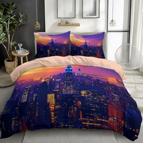 Rose Literie Parure De Lit Microfibre Photographie Crépuscule New York, Imprimé Réversibles Housse De Couette 200 x 200 cm 3 Pièces, pour Adultes Enfants Filles Garçon, avec 2 Taies d'oreiller