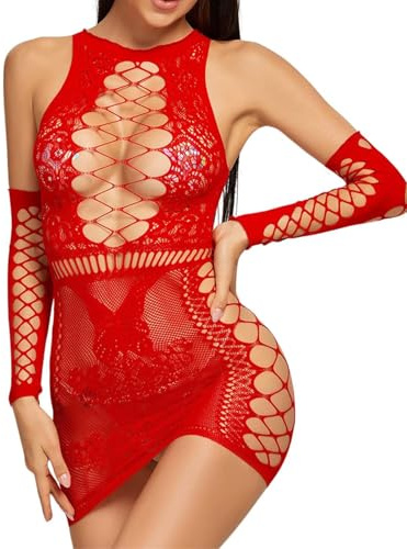 Sinnliche Dessous für Damen, Mesh, hohl, Minikleid, sexy, Babydoll, Pfirsich, Korsett Unterwäsche, Damen, sexy, Bodysuit aus Netzstoff, mit Handschuhen, Bodystocking, Babydoll