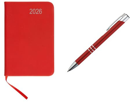 Livepac-Office Taschenkalender 2026 / ca A7 / PU Einband/Farbe: rot + Metall Kugelschreiber