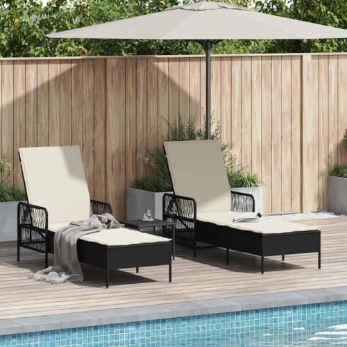 Holamys Garten Sonnenliegen 2er Set Schwarz Poly Rattan, Verstellbare Armlehnen, Inklusive Tisch, Wetterfest für Terrasse und Balkon