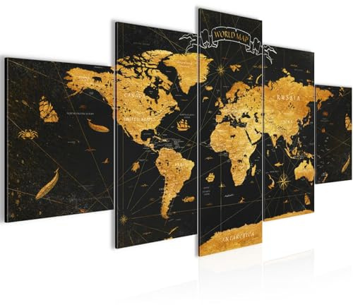 Runa Art Bild Wohnzimmer Schlafzimmer Büro Abstrakt 5 Teilig Schwarz Gold Weltkarte gold Wandbilder auf Vlies Leinwand 056453a