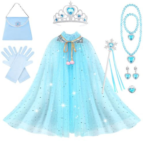 AOOWU ELSA Prinzessin Umhang Kinder Mädchen, 11PCS ELSA Prinzessin Kostüm mit Krone,Zauberstab,Handschuhe,Halskette,Ring Ohrringe,Armband,Taschen, Halloween Kostüm Umhang,für Karneval Cosplay Party(L)