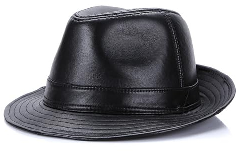 Ngbbby Fedora-Hut, klassischer Vintage-Stil, Schaffell-Leder-Fedora-Hüte für Herren, Damen, Einheitsgröße, schwarzer Zylinder mit Band für 20er-Jahre-Jazz-Kostüm, Party, Retro-Modeaccessoire