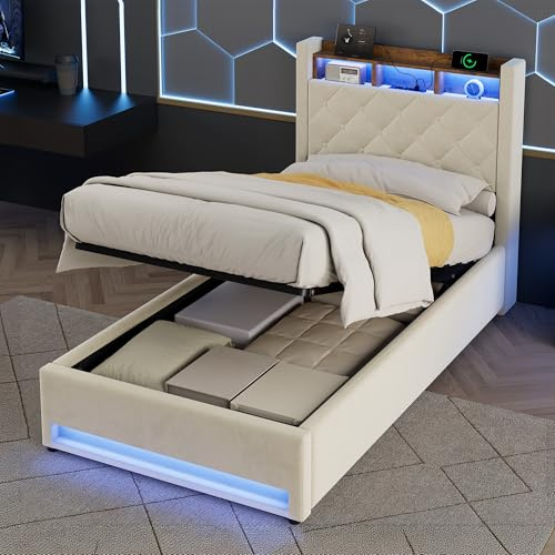 okwish Bett, Bettgestell, Einzelbett, Jugendbett, 90x200 cm, LED-Beleuchtung, Ladestation, Bettkasten, Kopfteil mit Stauraum, Metallrahmen, Lattenrost aus Holz, Samt, Beige, ohne Matratze