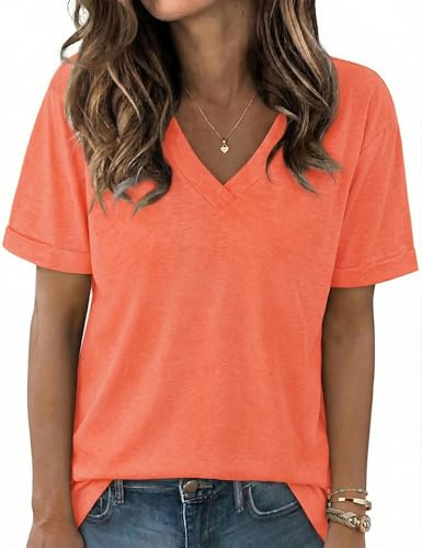 Aottori Tee Shirt Femme Été Long Couleur Unie Coupe Ample Orange M