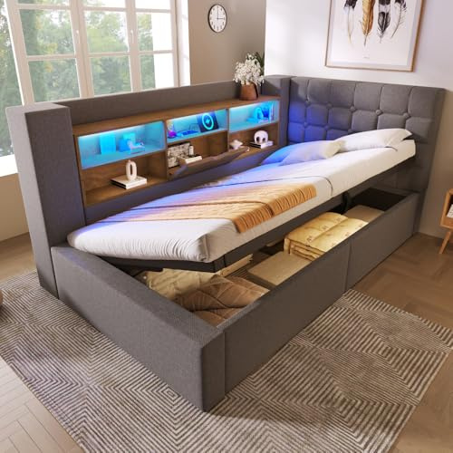 Lit simple rembourré en lin 90x190 avec éclairage LED,lit coffre hydraulique avec rangement,tête de lit en L avec rangement,montable des deux côtés,sommier à lattes (sans matelas) (Gris,90x190)