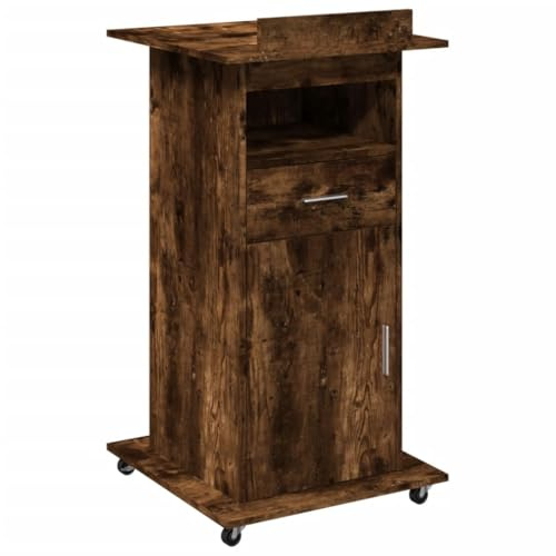 Yisssmeng Rednerpult mit Rollen Räuchereiche 55x55x107 cm Robuster Holzwerkstoff Bürotisch mit Neigbarer Tischplatte und Schublade für Home Office Konferenz Präsentation