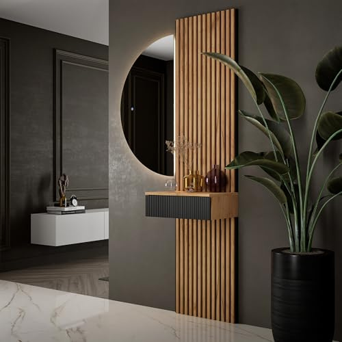 Planetmöbel Flurgarderobe Set Konsolentisch 50 cm | Spiegel mit Beleuchtung halbrund 50 x 100 cm, 2x Akustikpaneele 120 x 50 cm, Flur Möbel modern, gold eiche / schwarz