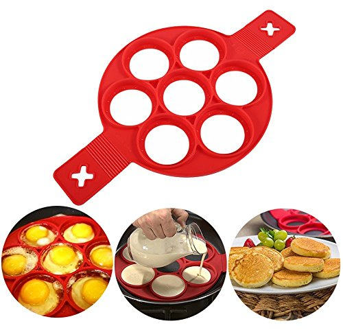 Pancake Molds Silicone Baking Mould Egg Maker Pancake Flipper Egg Ring Nonstick Silicone Round Egg Rings (Red 7 Holes)
