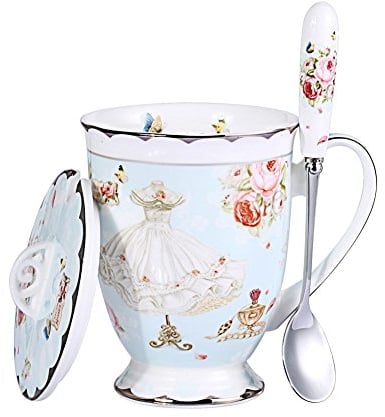 YBK Tech Euro Style Porcelain Tea Cup Coffee Mug with Lid for Breakfast Home Kitchen ((Rose and Dress Pattern) (Blue))