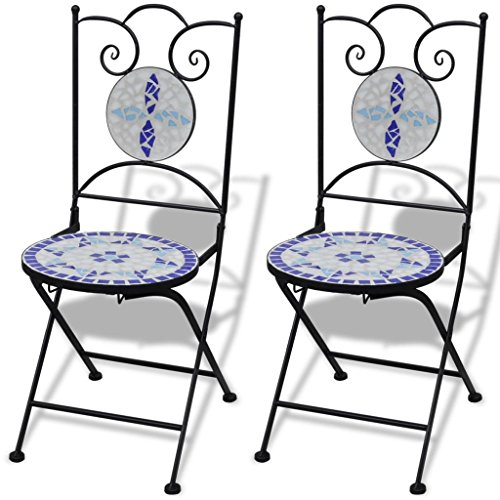 Tidyard 2 Stück Mosaikstuhl Klappstuhl Bistrostuhl, Blau+Wei?, 37 x 44 x 89 cm (B x T x H)