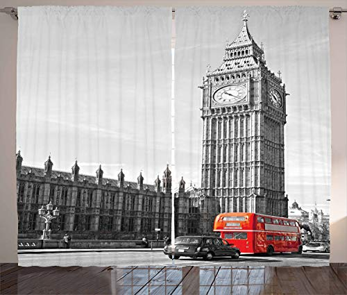ABAKUHAUS London Rustikaler Gardine, Hauptstadt von England Tourist, Schlafzimmer Kräuselband Vorhang mit Schlaufen und Haken, 280 x 175 cm, Zinnoberrot Hellgrau Grau