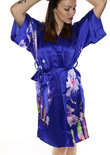 Prettystern Damen 100% Seide Kimono Yukata Knielang Gürtel Seidenmantel Hauskleid oder Morgenmantel Sommer Kleid SK05 königsblau