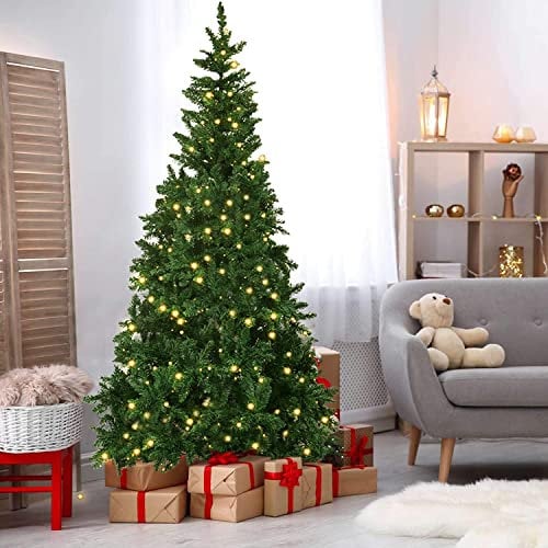 Olsen & Smith 7ft Large Christmas Tree - Artificial Indoor Pre Lit Xmas Christmas Tree with 450 Warm White LED Lights Built In & Snowflake Ornaments 7 Foot 1150 Branch Tips