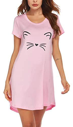 HOTOUCH Chemise de Nuit Femme en Coton pour avec Motif, Manches Courtes Robe de Nuit Été Rose Small