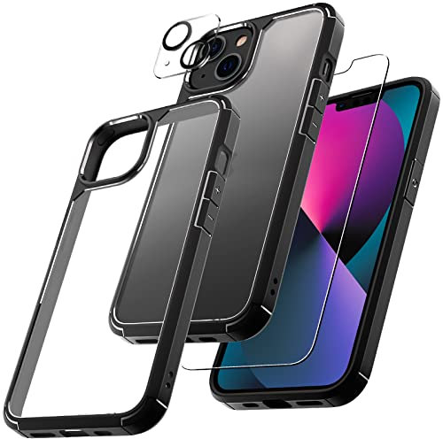 TAURI 3 in 1 Designed for iPhone 13 Case Black, [Not-Yellowing] and 2X Tempered Glass Screen Protector, [Military-Grade Drop Tested] Shockproof Phone Case 13 6.1 inch