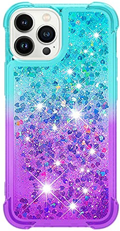 iPhone 13 Pro Case Glitter 3D Cute Bling Sparkle Quicksand Flowing Liquid Clear Transparent TPU Gel Silicone ShockProof Protective Phone Cover for iPhone 13 Pro Case Girls, Blue & Purple