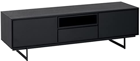 Ibbe Design Schwarz Matt Tv Tisch Lowboard MDF Eiche Furnier Tokyo mit 2 Türen und Schublade, Schwarz Metall Gestell, 160x45x50 cm