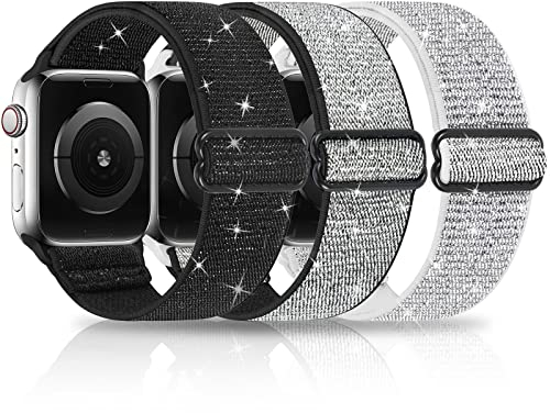 HPJK Lot de 3 Bracelets de Sport à Paillettes Compatibles Avec Apple Watch 45 mm, 44 mm, 42 mm - en Nylon Tressé pour iWatch Series 7 6 5 4 3 2 1 SE - Noir/Argent - S