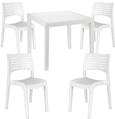 Mojawo Bistrogarnitur 5-teilig Bistrotisch Kunststoff Eckig 79x79cm H72cm + 4 Garten Stapelstühle Kunststoff Weiß