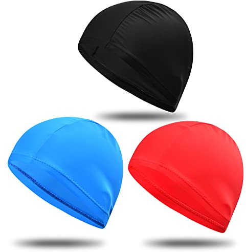 3 Pcs Gorros Natación Hombre Mujer Niño, Elástico Gorro Piscina Tela Poliéster Unisex, Suave Sombrero de Natación Cómodo Antideslizante, Transpirables Gorros de Baño Ligero para Pelo Largo y Corto