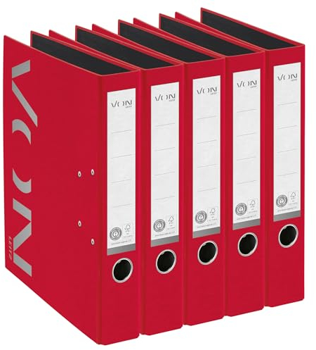 VON Leitz 5er Pack Ordner A4, 100 % Recyclingpapier, 50 mm Rückenbreite, Für 350 Blatt, Blauer Engel & FSC-zertifiziert, Für Schule, Studium & Haushalt, Rot, 10580025