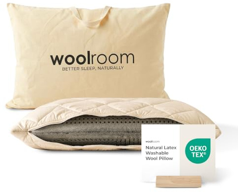 WOOLROOM British Wool Talalay Latex Pillow, 17cm Depth - Cradle to Cradle Rainforest Allergy UK Certified - Natural Elasticity Cooling with Machine Washable Organic Cotton Cover - Std 48 x 74cm