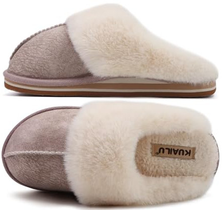 KuaiLu Hausschuhe Damen Flauschige Plüsch Lammfell Geschlossen Winter Warme Pantoffeln Frauen Kuschel Memory Fussbett Hause Slippers Rutschfest Feste Sohle Hüttenschuhe Indoor Outdoor. Beige 36