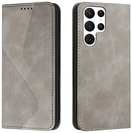Mo-Somnus Kompatibel Mit Samsung Galaxy S23 Ultra Hülle, Magnet PU Leder Tasche Handyhülle, Klappbar Brieftasche Klapphülle (Grau)
