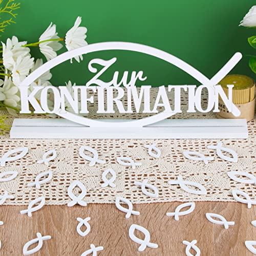 COLOFALLA Konfirmation Deko Holz Tischdeko Weiß Schriftzug Zur Konfirmation Holzdeko Aufsteller 36 Pcs Streudeko Fische für Mädchen Junge Dekoration