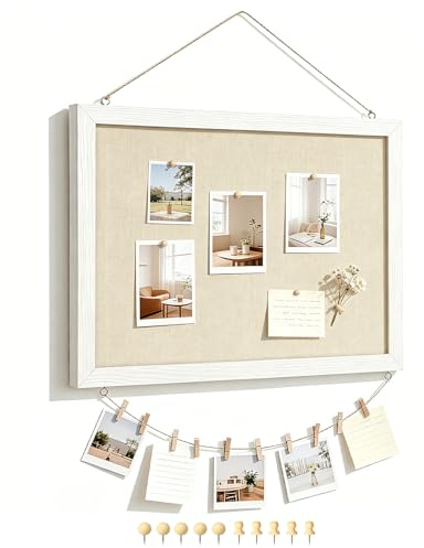 DOLLAR BOSS Bulletin Boards with Linen 1-Pack 16''X 12'' Double-Sided Cork Board for Walls Wood Framed Bulletin Boards, Small Pin Board for Home Kitchen Office Decorative Hanging 10 Pushpins