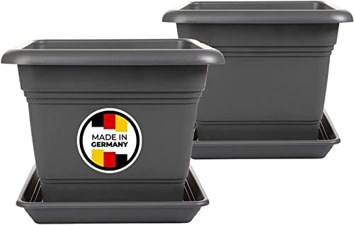 Juego de 2 macetas con agujeros y plato, maceta grande de 28 x 28 cm, maceta grande para exterior, maceta de plástico, maceta para plantas, color antracita, modelo: Finn