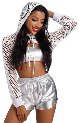 Women's Fishnet Hoodie Drawstring Long Sleeve Mesh Hooded Crop Top Rave Musical Festival Costume Outfits Hot Streetwear Clubwear White S