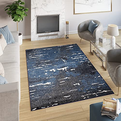 TAPISO Breeze Teppich Kurzflor Modern Dunkelblau Schwarz Flecken Verwischt Meliert Vintage Wohnzimmer Schlafzimmer 3D Optik ÖKOTEX 140 x 200 cm