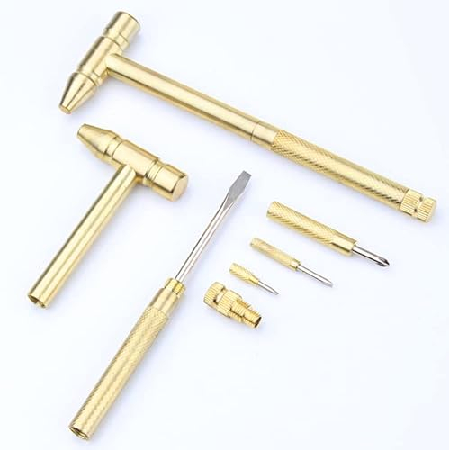 6-in-1 Mini martello in ottone a doppia testa Martello multifunzione in rame martello con cacciavite staccabile strumento per riparazione orologi gioielli