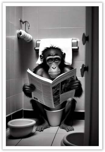 KOEUIRW Toile murale amusante Gorilla pour salle de bain - Singe mignon dans les toilettes - Impression d'animaux noirs et blancs - Décoration murale moderne du milieu du siècle - 30,5 x 40,6 cm -