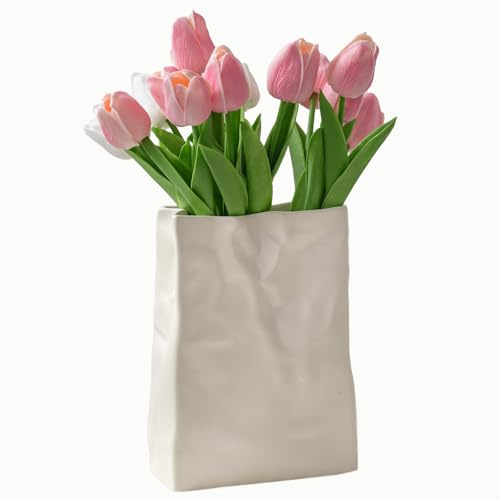 Relexome Paper Bag Vase Crinkle Wide Ceramic Flower Vase Cream White Boho Wabi-Sabi Vases, Cute Home Office Living Room Decor Aesthetic Unique Bookshelf Decorative, Bouquet Gifts for Women Girl 8 Inch