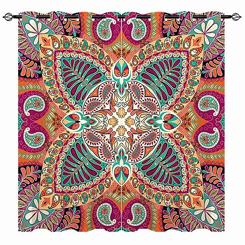 YUANZU Boho Vorhänge Mädchen Ethnische Bunte Indische Blume Ösen Gardinen mit Blickdichte Vorhang Kälteschutz Blackout Curtain Wohnzimmer Schlafzimmer Verdunkelung Fenster, 2 Stück, H 160 x B 106 cm
