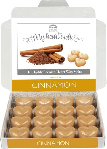 Cinnamon Wax Melts Heart Shaped 16 Pack, Up to 96 Hours Total Fragrance, Cinnamon, Spice & Cedarwood Vanilla Scent, Vegan Soy Wax, Heart-Shaped Melt Cubes, Presentation Gift Box by Spotless Leopard