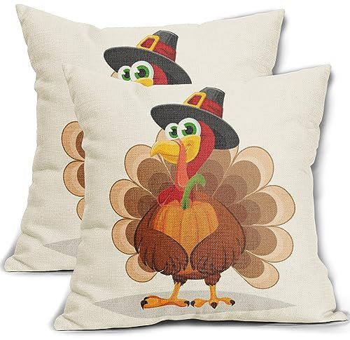 Thanksgiving-Kissenbezüge, 45,7 x 45,7 cm, Set mit 2 Herbstharfen, niedlich, lustig, Cartoon, Truthahn, Kürbis, dekorative Outdoor-Kissen, Herbst-Kissenbezug, Leinen-Kissenbezug, Dekor für Zuhause,