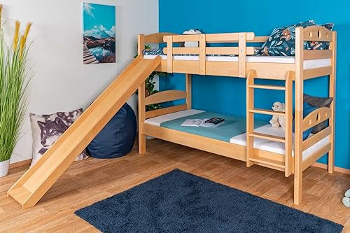 Hochbett mit Rutsche 80 x 190 cm, Buche Massivholz Natur lackiert, teilbar in zwei Einzelbetten, Easy Premium Line K26/n