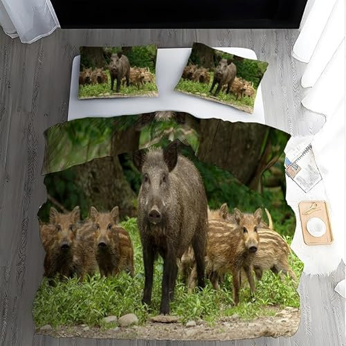 CCZM Bettwäsche 200x200 Wildschwein Bettbezüge 3 Teilig, Weich Warme Microfaser Bettwäsche-Sets, Bettbezug und 2 Kissenbezug 80x80 cm mit Reißverschluss