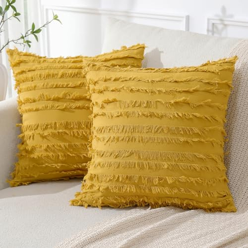 JOTOM Dekorative Kissenbezug mit Tassel Boho Fransen Dekokissen Bezug Weich Kissenbezüge Quaste Dekor Kissenhülle für Sofa Schlafzimmer Wohnzimmer 2er Set (45 x 45 cm, Gelb)