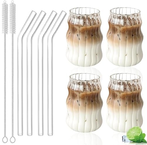 Nizirioo 4er Set Kaffeegläser: 500ml Gläser mit Strohhalmen und Reinigungsbürsten, Riffle Gläser Dessertgläser Teeglas Ripple Kaffeebecher Saftgläser für Whiskey, Bier, Cocktail, Eiskaffee und Eistee
