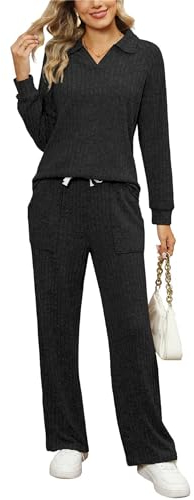 crazynekos 2-teiliges Damen-Outfit, Strickset, Revers, V-Ausschnitt, Pullover, Oberteil und Sweathose, Lounge-Sets, Schwarz , 46
