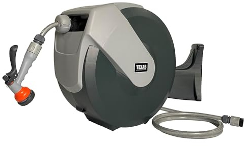 TEXAS Automatik Schlauchtrommel LUX 35m (35 Meter Schlauch 1/2, Handbrause mit 7 Sprühfunktionen, 2 Schnellverschlusskupplungen, 2 Meter Zulaufschlauch)