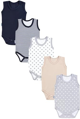 TupTam Baby Jungen Achselbody – Weicher Baby Body im 5er Pack aus Baumwolle, Body Baby Unifarben OEKO-TEX zertifiziert, Farbe: Dunkelblau Streifen Sterne Weiß Grau Beige, Größe: 98