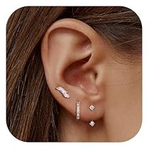 JeweBella 3 Paar Ohrringe Silber 925 Set für Damen 14 Karat Vergoldet Kleine Ohrstecker Stapelbar Zirkonia Creolen für Mehrere Piercings