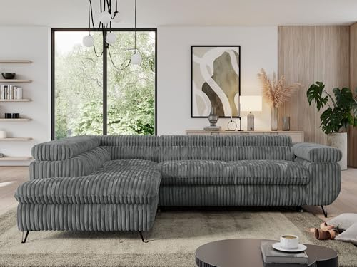 MKS MEBLE Cord Sofa L, Wohnlandschaft L-Form mit Schlaffunktion und Bettkasten, Schlafsofa mit Bettkasten, Ecksofa, Sofa mit Einstellbare Kopfstützen, Pedro L - Dunkelgrau Cord - Links